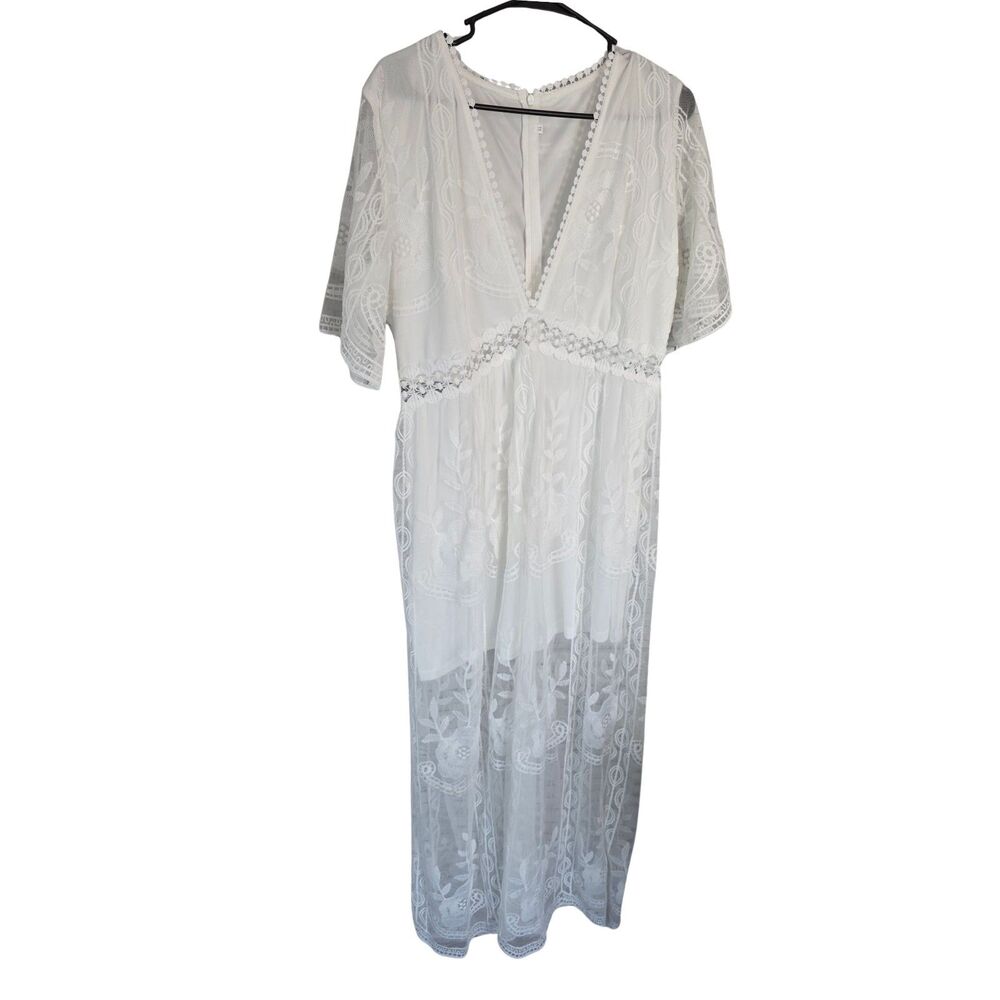 NWOT Boho Floral Lace Embroidered Mesh Maxi Dress White Plunge XL